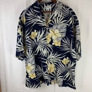 Monterey Club Shirt Men XL Blue Yellow Silk Tropical Hibiscus Floral Loop Collar